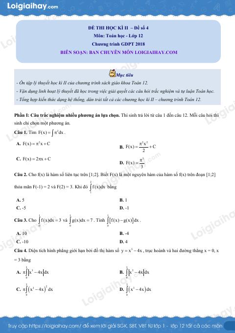 Đề thi học kì 2 Toán 12 Cánh diều - Đề số 4